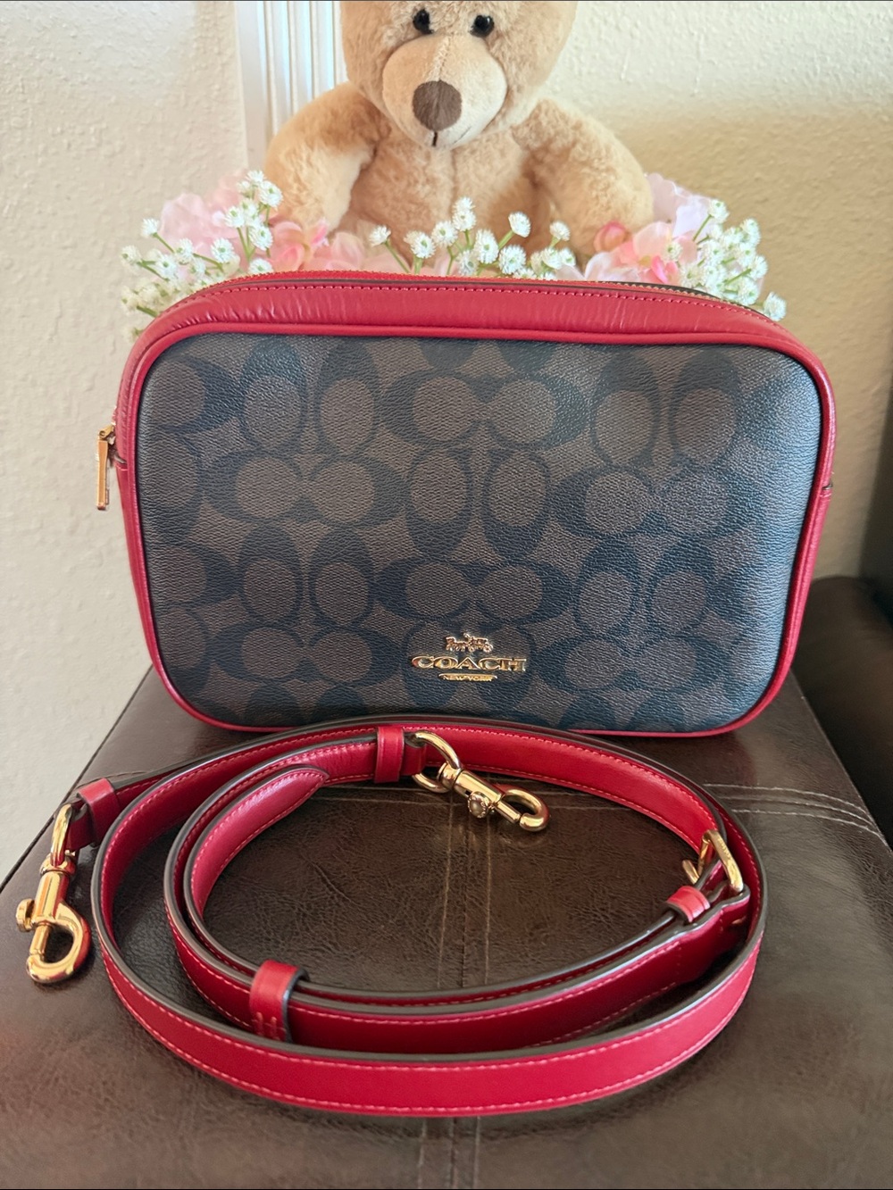 Coach Signature Camera Bag in Brown with Red Trim